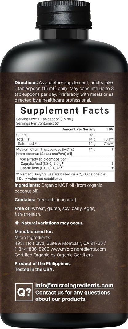 MCT Oil Organic, 32 fl oz – 100% Virgin Coconut Oil with C8 & C10 Fatty Acids | Unflavored, Keto, Vegan