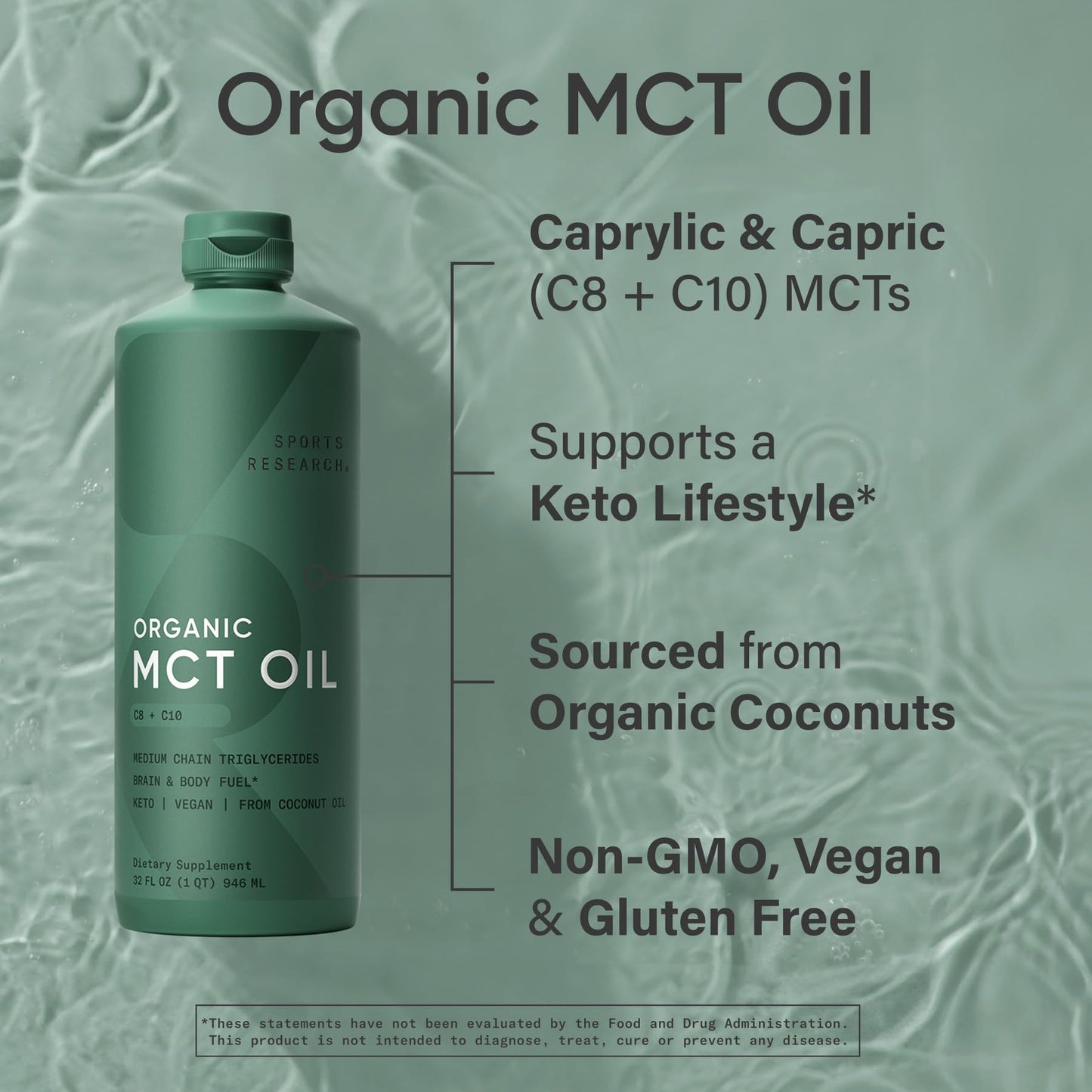 Sports Research Organic MCT Oil - Keto & Vegan MCTs C8, C10 from Coconuts - Fatty Acid Brain & Body Fuel, Non-GMO & Gluten Free - Flavorless Oil, Perfect in Coffee, Tea & Protein Shakes - 32 oz