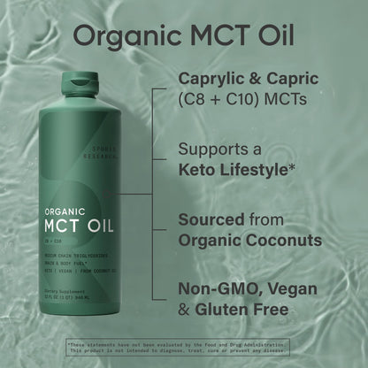 Sports Research Organic MCT Oil - Keto & Vegan MCTs C8, C10 from Coconuts - Fatty Acid Brain & Body Fuel, Non-GMO & Gluten Free - Flavorless Oil, Perfect in Coffee, Tea & Protein Shakes - 32 oz