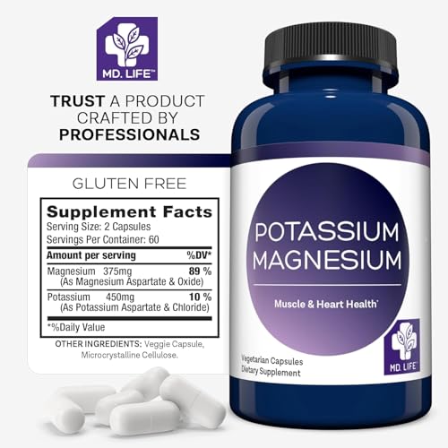 MD. Life Potassium Magnesium Supplement - 90 Capsules | High-Absorption Magnesium & Potassium for Vascular Health & Leg Cramps