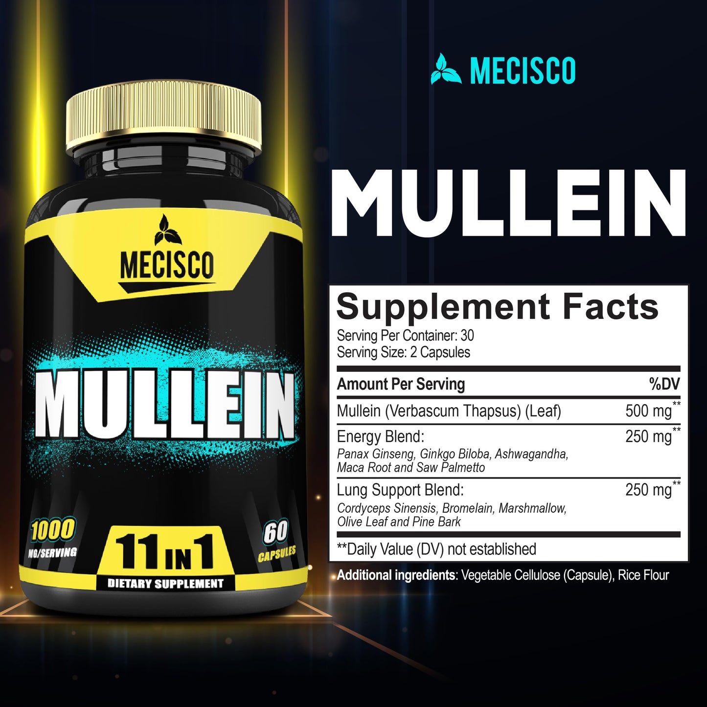 Mecisco 11in1 Mullein Leaf Capsules – Panax Ginseng, Cordyceps & More | 60 Capsules