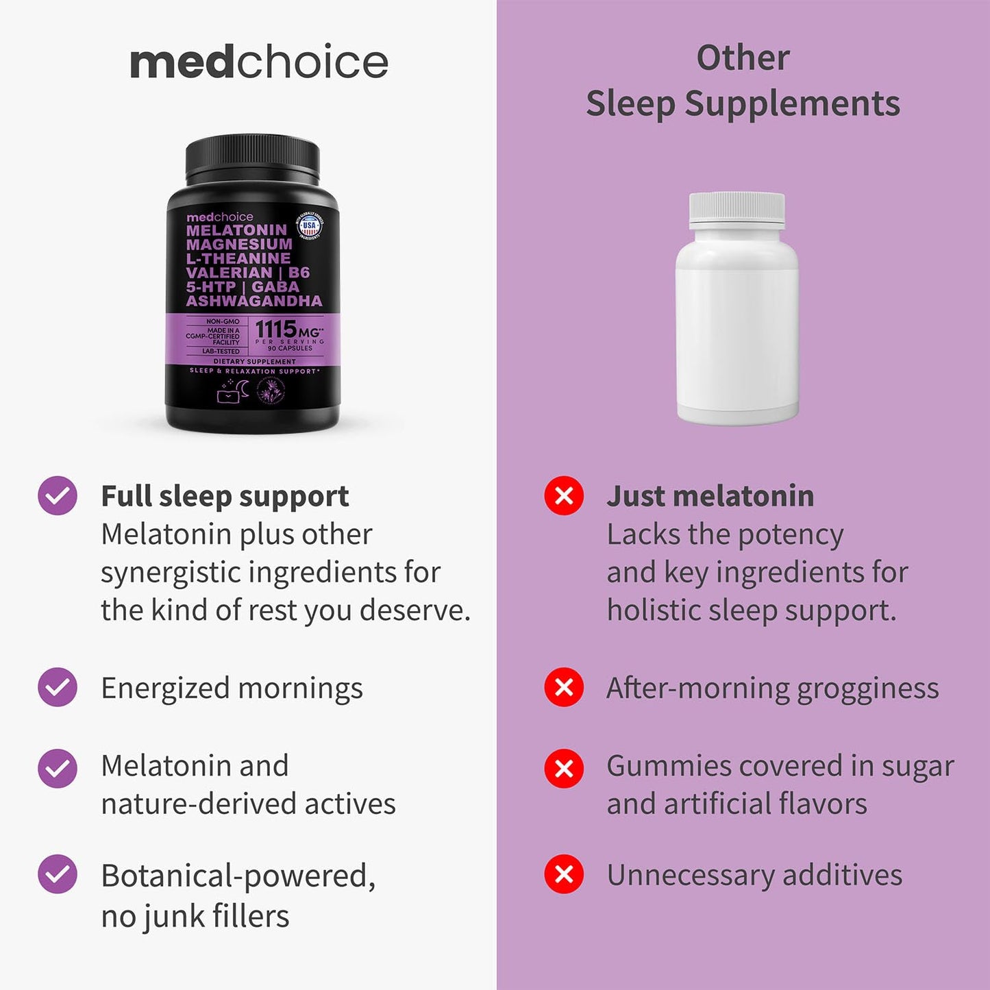 MEDCHOICE 12-in-1 Melatonin Sleep Capsules – 5mg Melatonin + Magnesium Glycinate 500mg (90ct, Pack of 4)