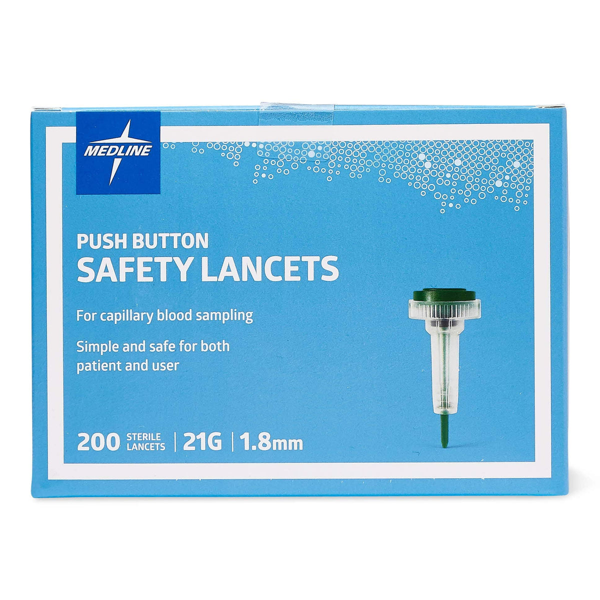 Medline Sterile Safety Lancets with Push-Button Activation, 21G x 1.8 mm – Box of 200
