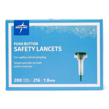 Medline Sterile Safety Lancets with Push-Button Activation, 21G x 1.8 mm – Box of 200