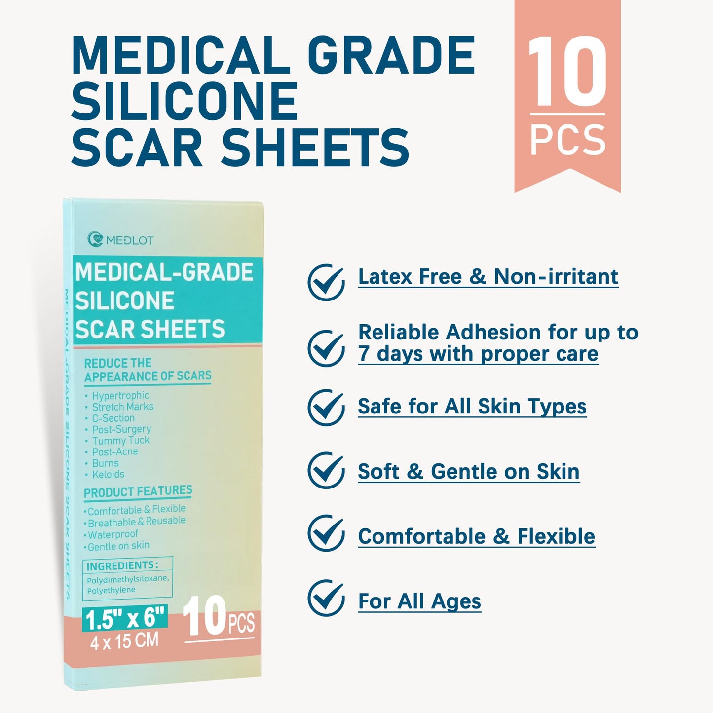 MEDLOT Silicone Scar Sheets – 10pcs Reusable Scar Treatment Strips for Surgical, C-Section, Acne Scars | Breathable & Cut-to-Size
