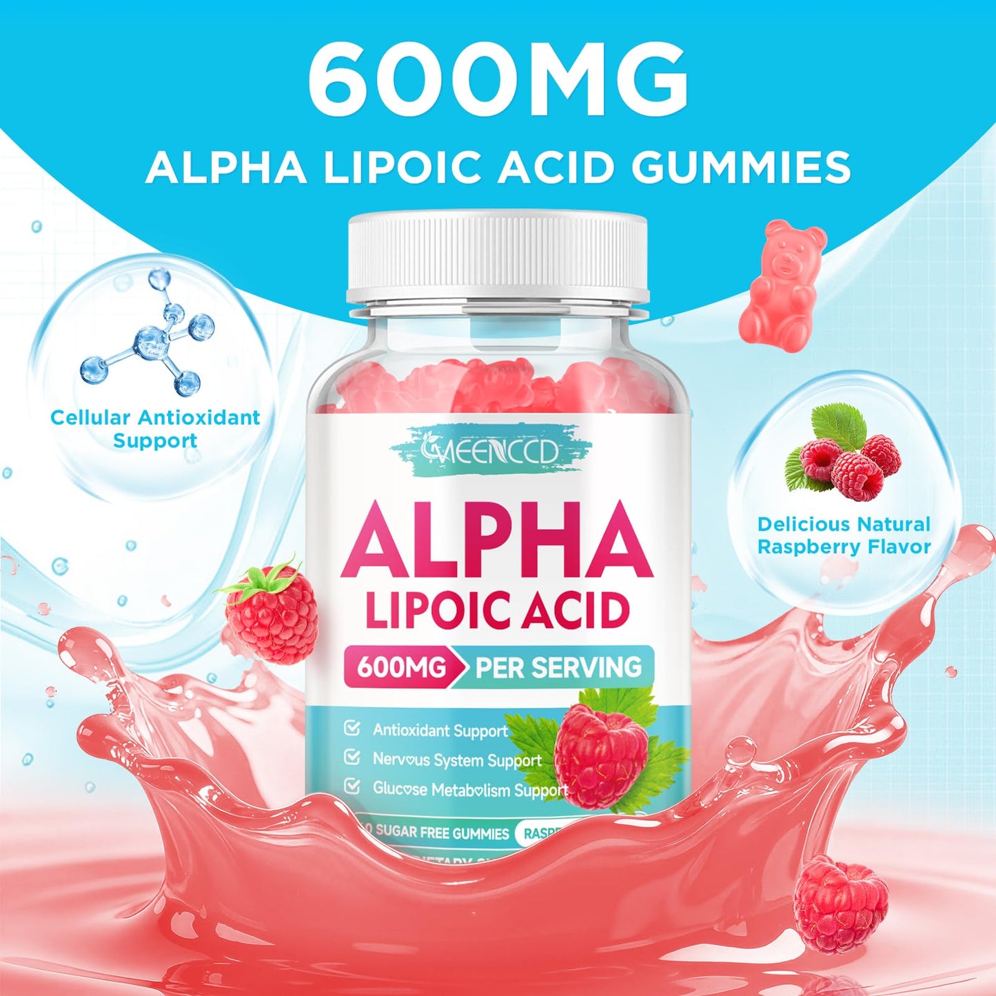 MEENCCD Alpha Lipoic Acid Gummies 600mg | High-Absorption ALA for Nerve & Brain Health, Vegan & Sugar-Free Raspberry