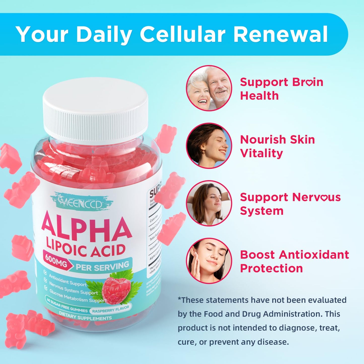 MEENCCD Alpha Lipoic Acid Gummies 600mg | High-Absorption ALA for Nerve & Brain Health, Vegan & Sugar-Free Raspberry