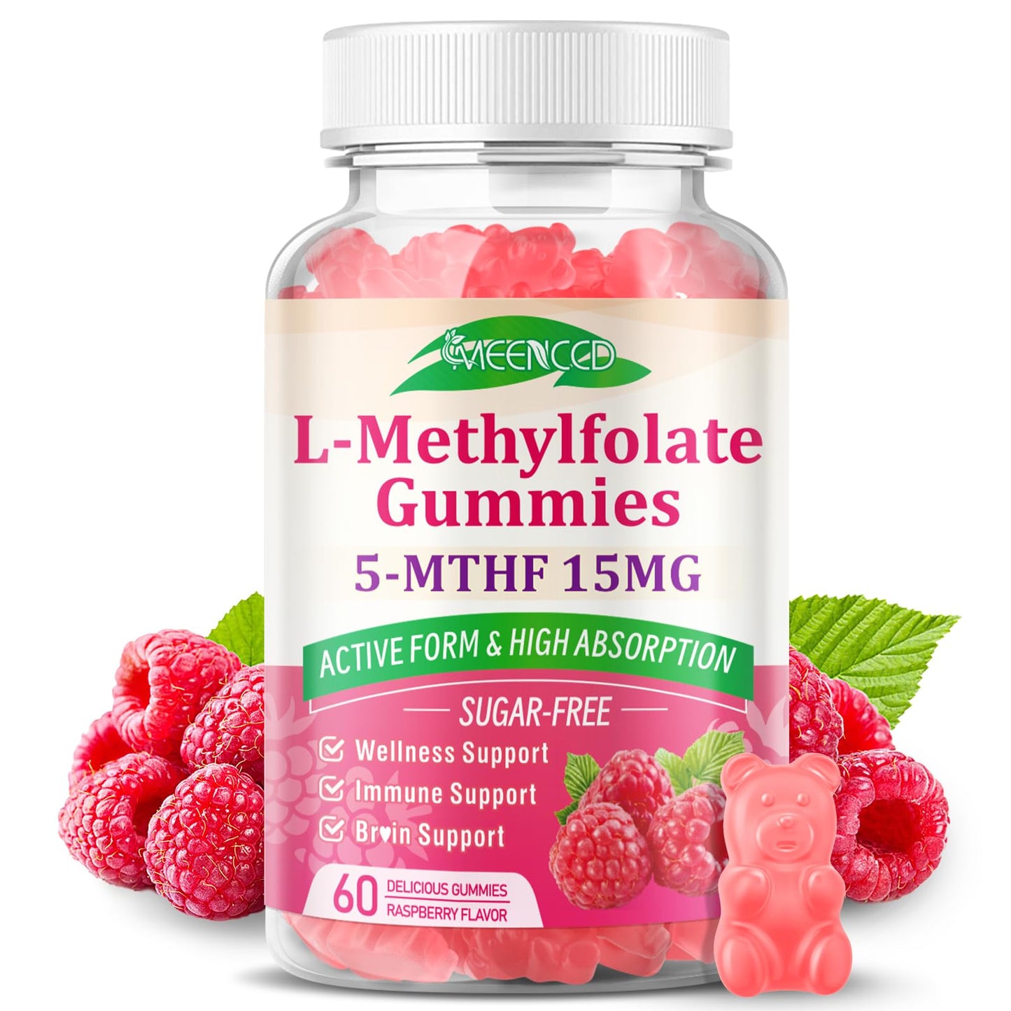 MEENCCD L-Methylfolate 15mg Gummies – 5-MTHF for Brain Health & Immunity (Vegan Raspberry, 60 Count)