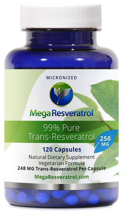 Mega Resveratrol, Pharmaceutical Grade, 99% Pure, Micronized Trans-Resveratrol, 120 Capsules, 250 mg per Capsule. Purity Certified. Absolutely no Toxic Inactive Ingredients Added.
