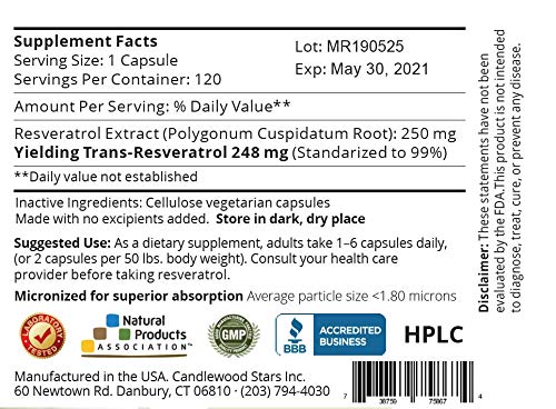 Mega Resveratrol, Pharmaceutical Grade, 99% Pure, Micronized Trans-Resveratrol, 120 Capsules, 250 mg per Capsule. Purity Certified. Absolutely no Toxic Inactive Ingredients Added.
