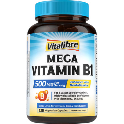 Mega Vitamin B1 500 mg with Benfotiamine – Vegan B-Complex (B1/B2/B6/B12) 120 Capsules