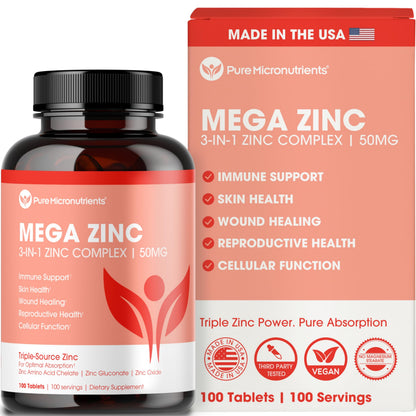 Mega Zinc Supplement 50mg - 3-in-1 Zinc Complex, 100 Tablets | Pure Micronutrients