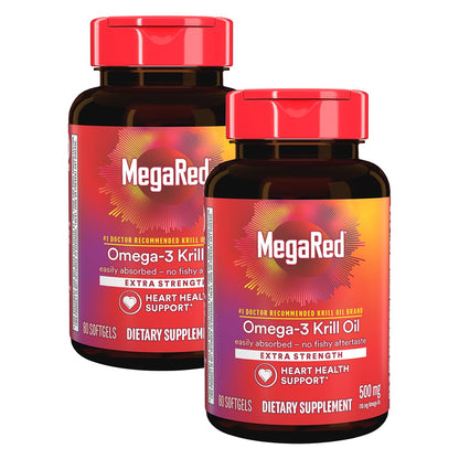 MegaRed Extra Strength Krill Oil 500mg - EPA/DHA, No Fishy Aftertaste | Heart Health, 80 Softgels (2 Pack)