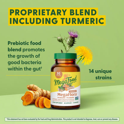 MegaFood MegaFlora Probiotics + Prebiotics Turmeric - 50B CFU, 14 Strains, 90 Capsules