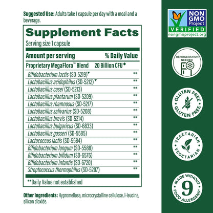 MegaFood MegaFlora Probiotic - 20B CFU, 14 Strains for Digestive Health & Immune Support - Vegetarian & Non-GMO - 60 Mini Capsules