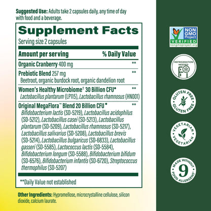 MegaFood MegaFlora Probiotics for Women – 50B CFU, 14 Strains, Cranberry, 90 Veg Capsules