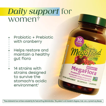 MegaFood MegaFlora Probiotics for Women – 50B CFU, 14 Strains, Cranberry, 90 Veg Capsules