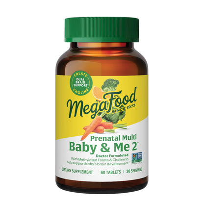 MegaFood Baby & Me 2 Prenatal Vitamin & Minerals – Folate, 2.5x Choline, Iron, Iodine, Vitamin C & D – 60 Tabs (30 Servings)