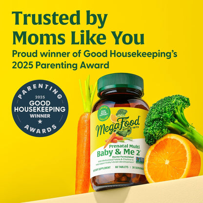 MegaFood Baby & Me 2 Prenatal Vitamin & Minerals – Folate, 2.5x Choline, Iron, Iodine, Vitamin C & D – 60 Tabs (30 Servings)