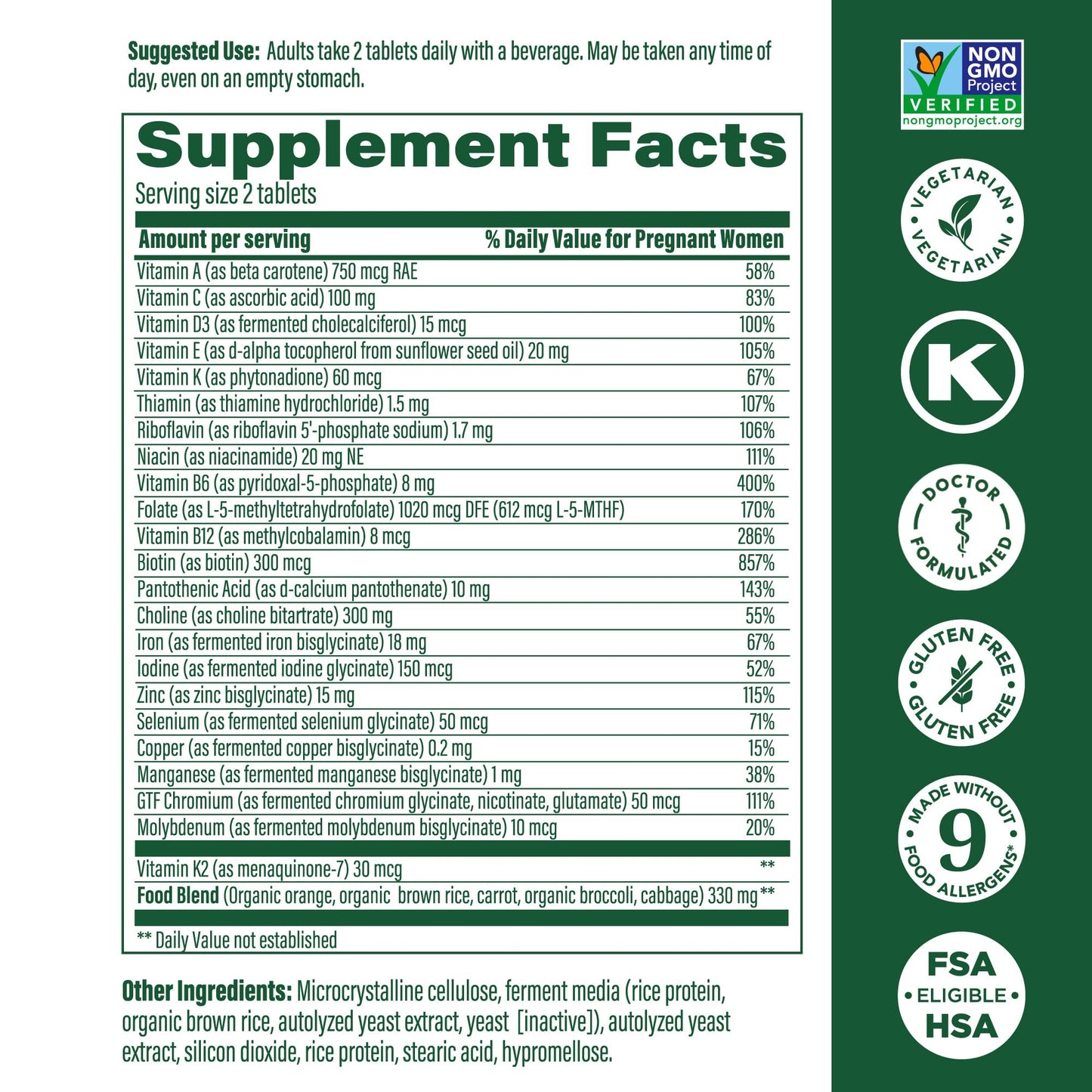 MegaFood Baby & Me 2 Prenatal Vitamin & Minerals – Folate, 2.5x Choline, Iron, Iodine, Vitamin C & D – 60 Tabs (30 Servings)