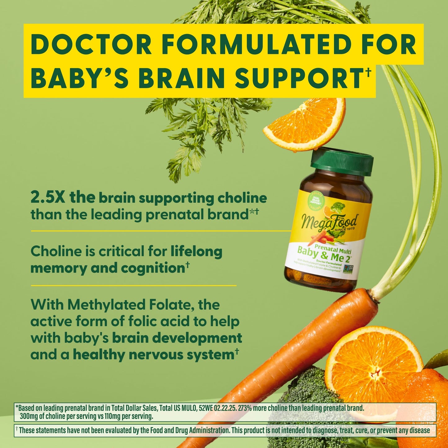 MegaFood Baby & Me 2 Prenatal Vitamin & Minerals – Folate, 2.5x Choline, Iron, Iodine, Vitamin C & D – 60 Tabs (30 Servings)