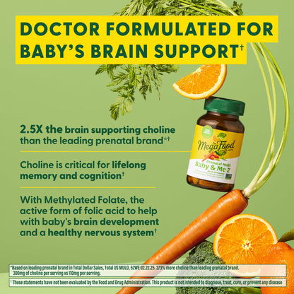MegaFood Baby & Me 2 Prenatal Vitamin & Minerals – Folate, 2.5x Choline, Iron, Iodine, Vitamin C & D – 60 Tabs (30 Servings)