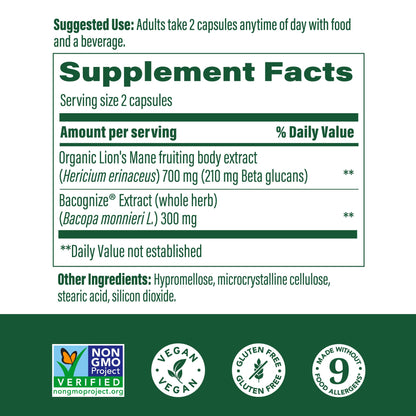 MegaFood Superfood Mushroom Focus Support – Doctor Formulated Lions Mane with Bacopa | Vegan, 60 Capsules