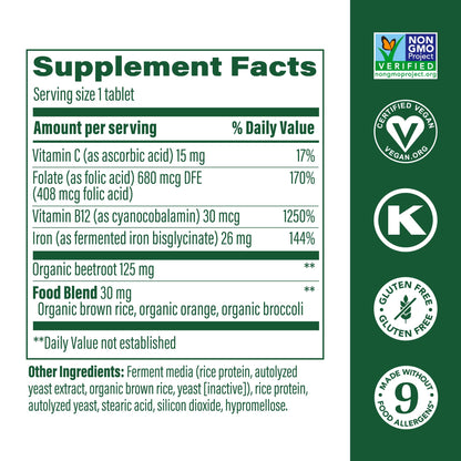 MegaFood Blood Builder Iron Supplement – 26 mg Iron, B12, Folic Acid, Vitamin C – Vegan – 90 Tablets