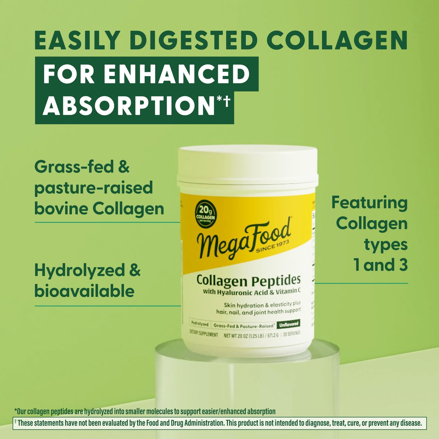 MegaFood Collagen Peptides – Unflavored, 20oz (28 Servings) – Grass-Fed Bovine