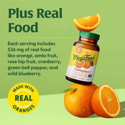 MegaFood Complex C – Vegan Vitamin C 250 mg Immune Support, Real Food Ingredients (Orange, Cranberry & Brown Rice) | Gluten-Free & Kosher | 60 Tablets