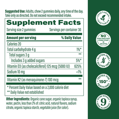 MegaFood Vitamin D3 K2 Gummies - 5000 IU D3, 100 mcg K2 | Peach Flavor, Vegetarian, 60 Gummies