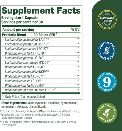 MegaFood Digestive Probiotic – 12 Strains, 30B CFU, 30 Vegetarian Capsules