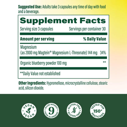 MegaFood Magtein Magnesium Threonate – 2000 mg per Serving | Supports Memory, Focus, Alertness & Sleep – Vegan & Gluten Free | 90 Capsules / 30 Servings