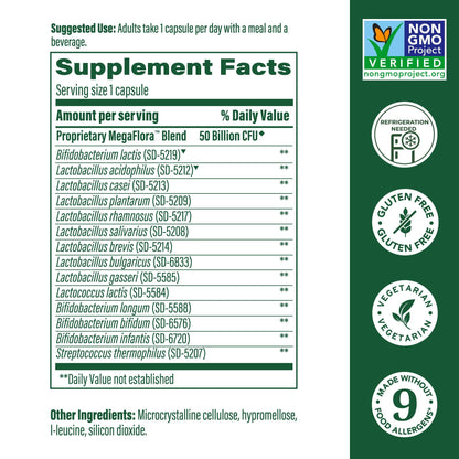 MegaFood MegaFlora Probiotic Plus — 50 Billion CFUs, 14 Strains, Vegetarian, 60 Capsules