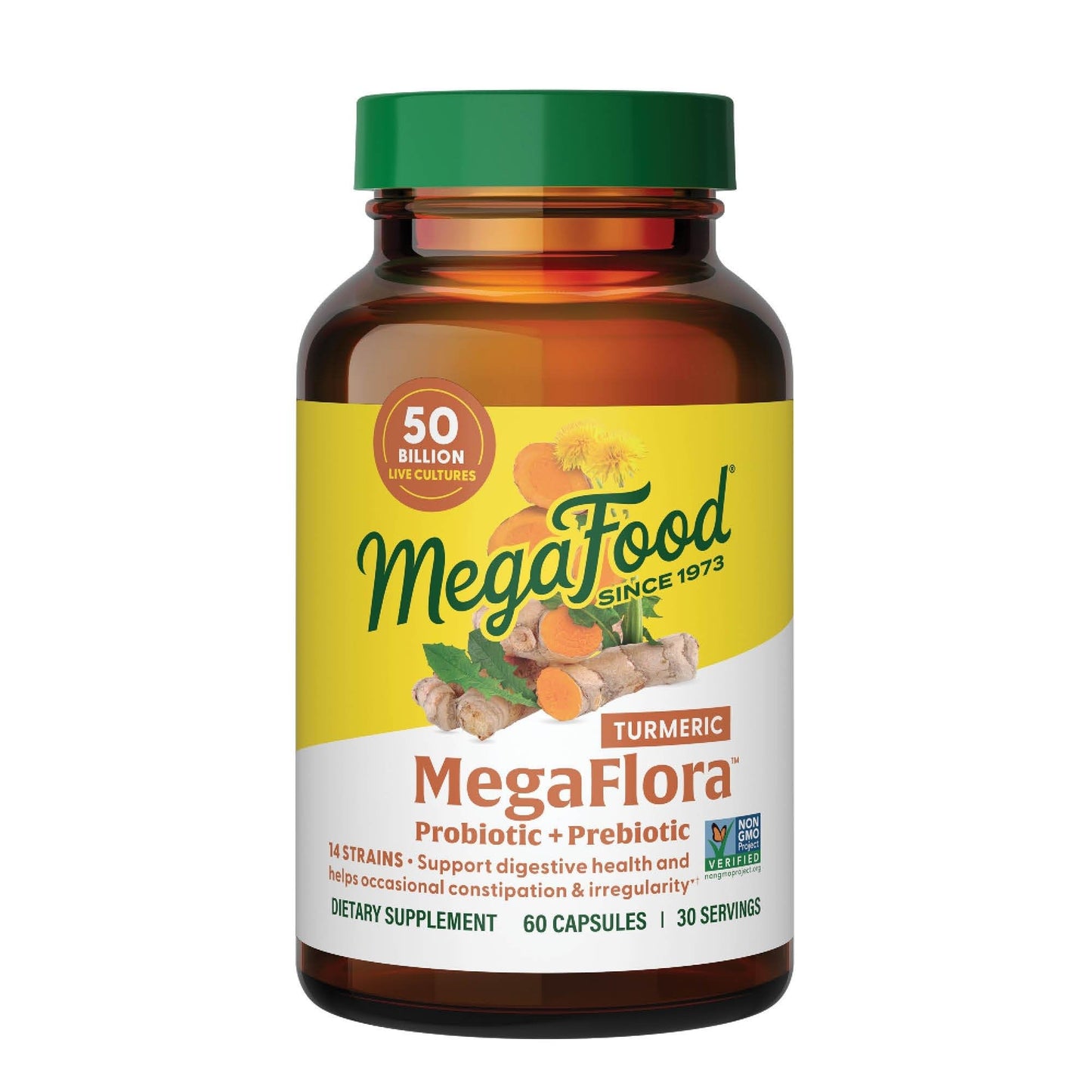 MegaFood MegaFlora Probiotics + Prebiotics Turmeric - Digestive Health, 50B CFU, 14 Strains, 60 Capsules