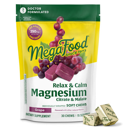 MegaFood Relax + Calm Magnesium Grape Soft Chews | 30 Chews (15 Servings)