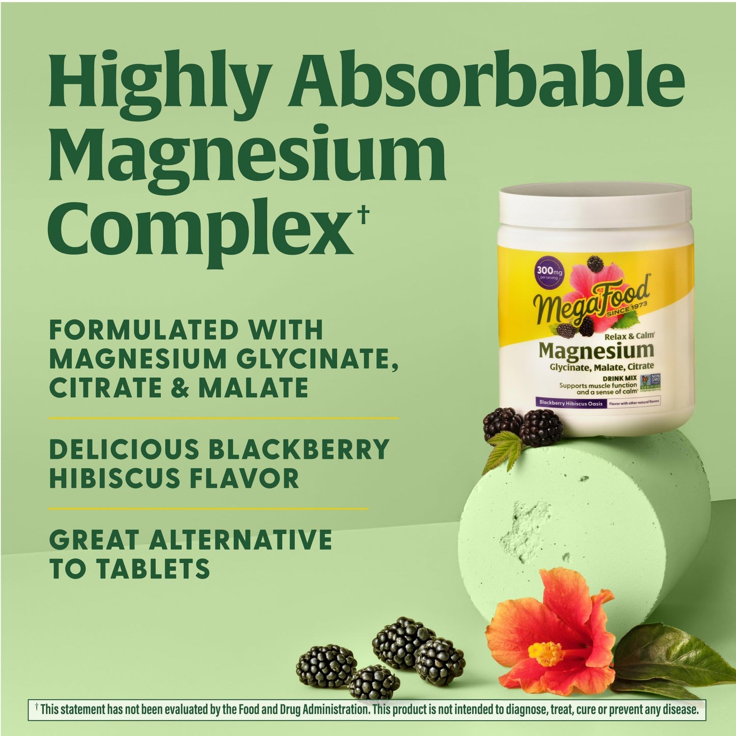 MegaFood Relax + Calm Magnesium Powder – 50 Servings (7.05 oz) | Glycinate, Citrate & Malate | Allergen-Free Blackberry Hibiscus Oasis