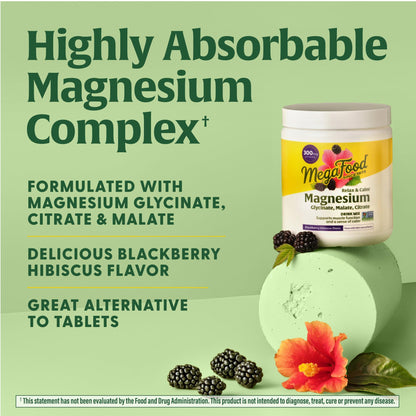 MegaFood Relax + Calm Magnesium Powder – 50 Servings (7.05 oz) | Glycinate, Citrate & Malate | Allergen-Free Blackberry Hibiscus Oasis
