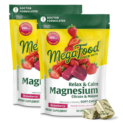 MegaFood Relax + Calm Magnesium Soft Chews – Strawberry, Citrate & Malate, 30 Chews