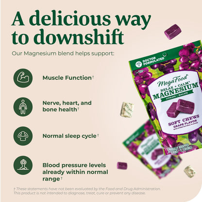 MegaFood Relax + Calm Magnesium Soft Chews – Grape Flavor, 60 Chews (Pack of 2) | Vegetarian, 9 Allergen-Free