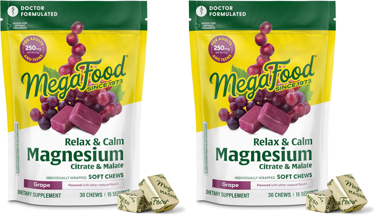 MegaFood Relax + Calm Magnesium Soft Chews – Grape Flavor (Pack of 2)