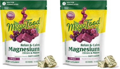 MegaFood Relax + Calm Magnesium Soft Chews – Grape Flavor (Pack of 2)