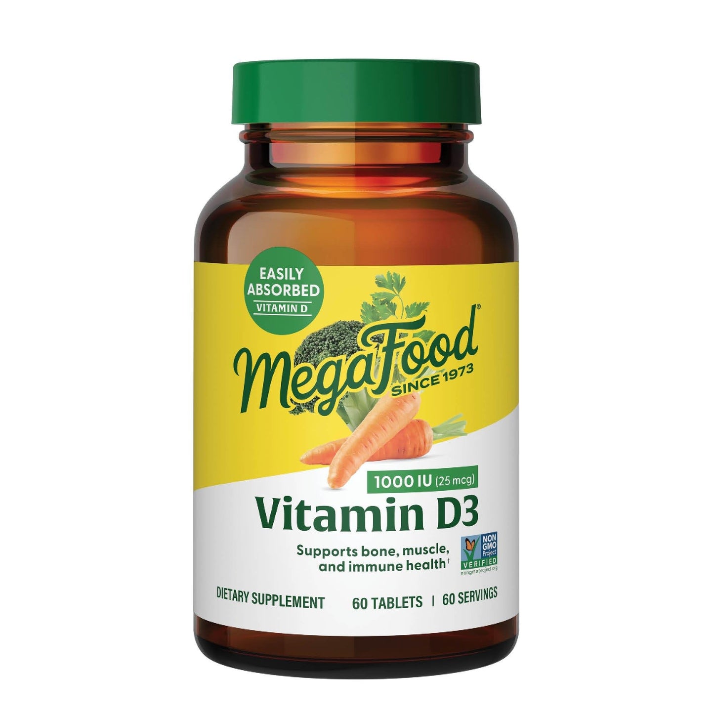 MegaFood Vitamin D3 1000 IU (25 mcg) – Real Food Vitamin D, Immune Support, Vegetarian, Gluten-Free, Non-GMO, 60 Tablets