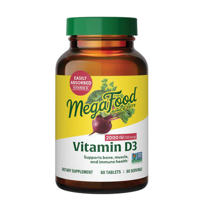 MegaFood Vitamin D3 2000 IU (50 mcg) – Real Food D3, Immune Support, Bones & Muscles, Vegetarian, Kosher, Non-GMO | 60 Tablets