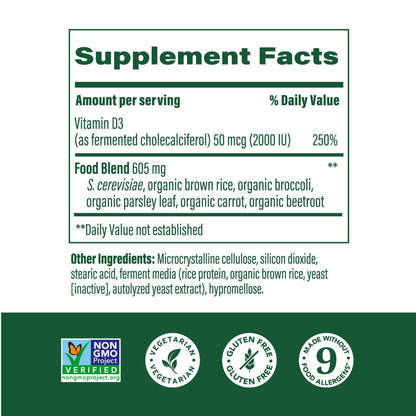 MegaFood Vitamin D3 2000 IU (50 mcg) – Real Food D3, Immune Support, Bones & Muscles, Vegetarian, Kosher, Non-GMO | 60 Tablets