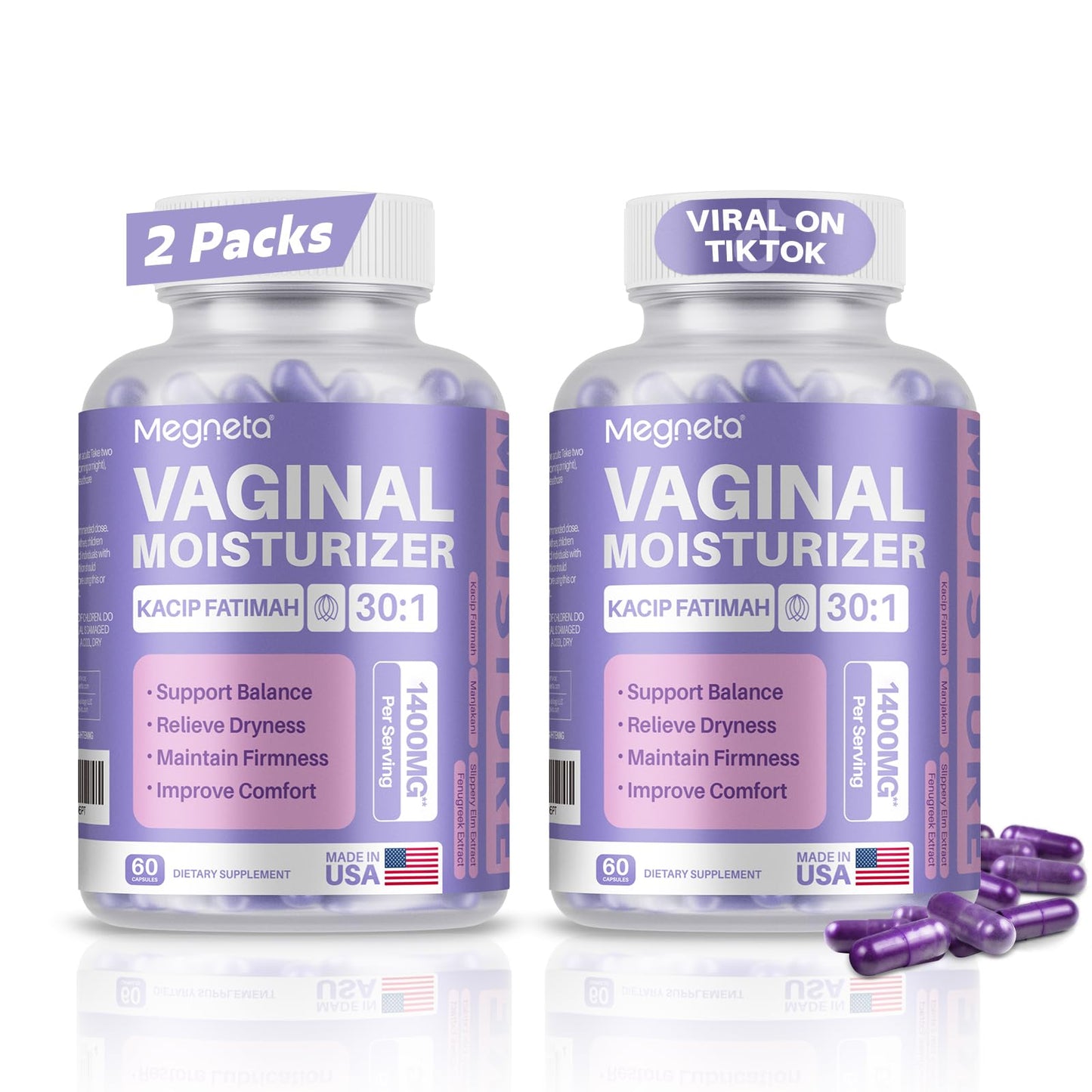 MEGNETA Vaginal Moisturizer Capsules – Kacip Fatimah 1000mg & Manjakani 200mg, Slippery Elm, Vegan (120 Capsules)