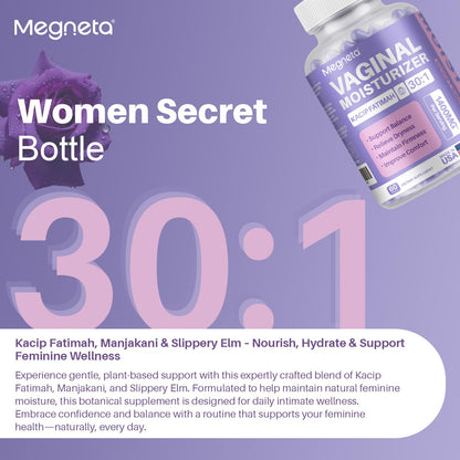 MEGNETA Vaginal Moisturizer: Kacip Fatimah 1000mg & Manjakani 200mg (30:1) – Slippery Elm, Vegan, 60 capsules
