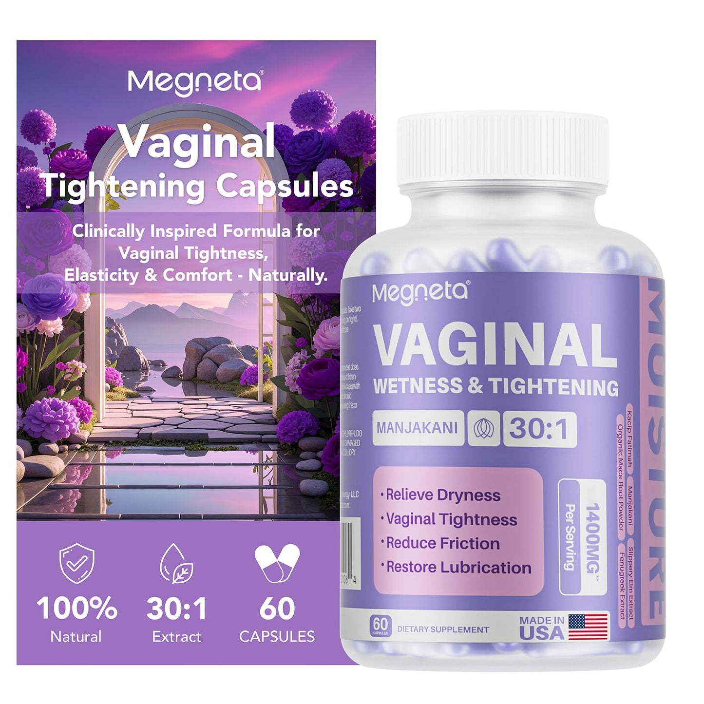 MEGNETA Vaginal Tightening Capsules – Kacip Fatimah, Manjakani & Slippery Elm | 60 Vegan Capsules