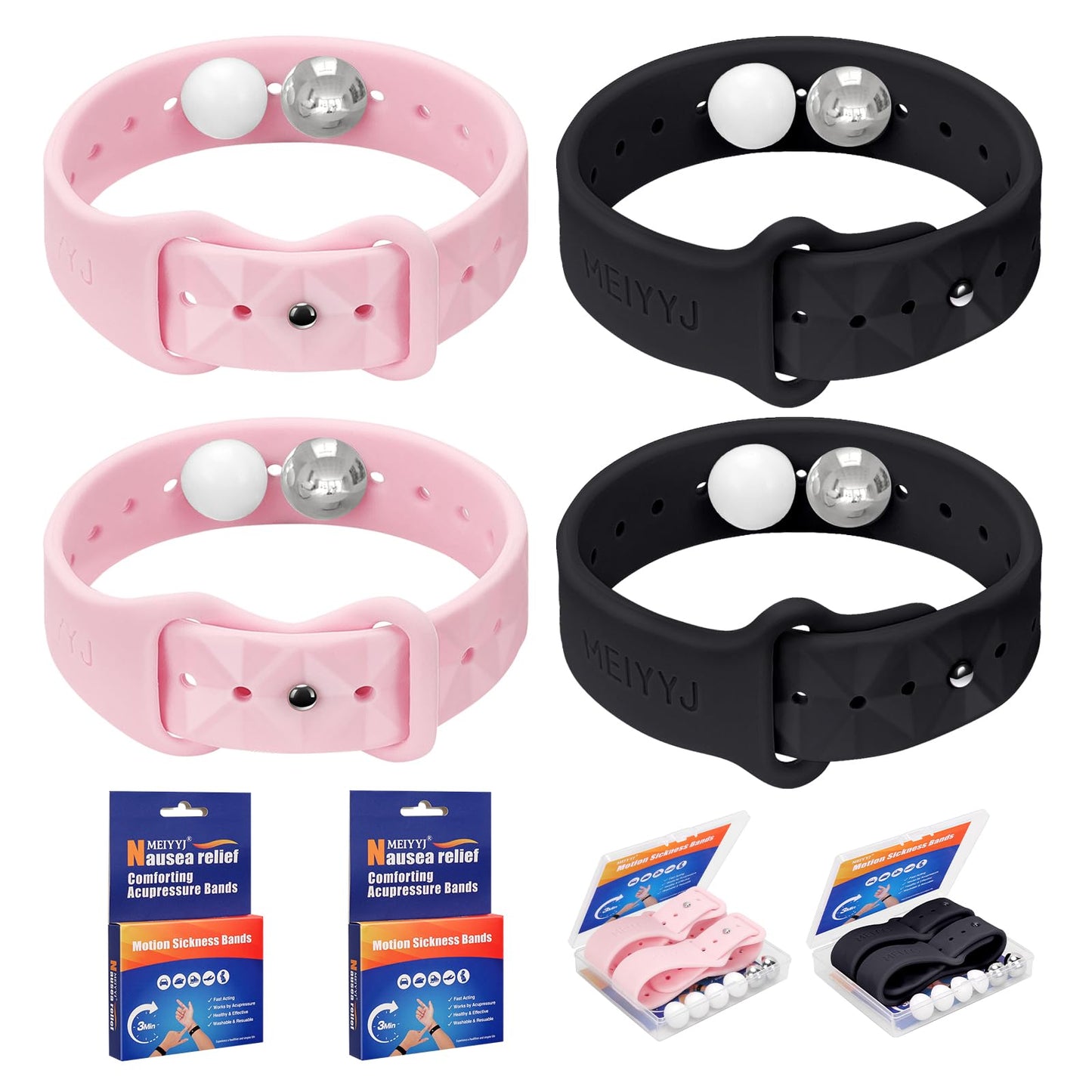 MEIYYJ Motion Sickness Bands for Travel — Sea Wristbands for Adults & Kids (1 Pair Black + 1 Pair Pink)