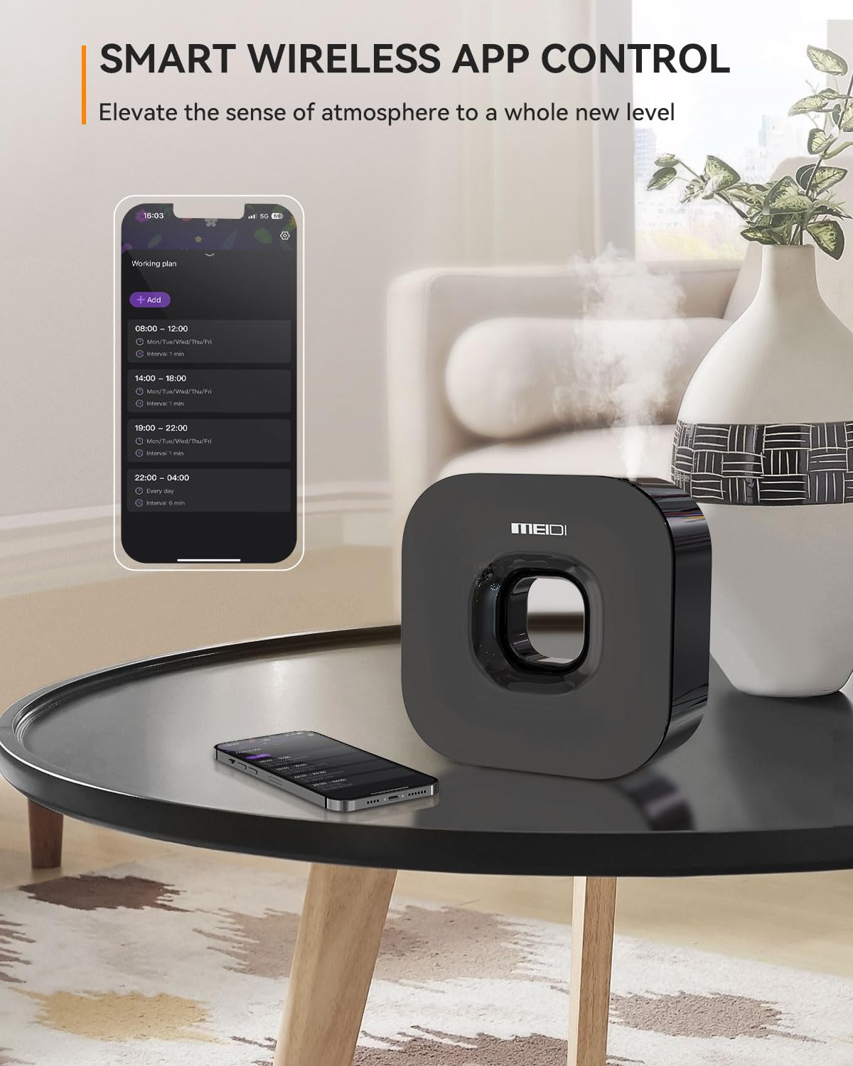 MEIDI Waterless Diffuser — Cordless Aromatherapy with App Control (Black)